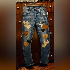 Pilcro Blue Skinny Jeans Heart Patch Glitter Animal Print Stretch Embroidered
